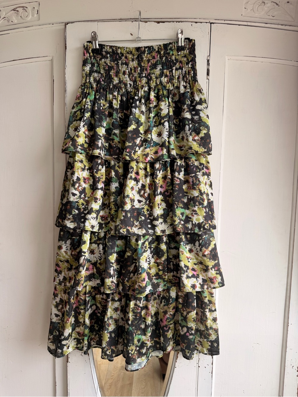 Tiered Floral Midi Skirt in Black and Green